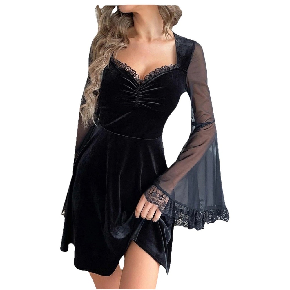Women’s Black Velvet Lace-Trim A-Line Dress